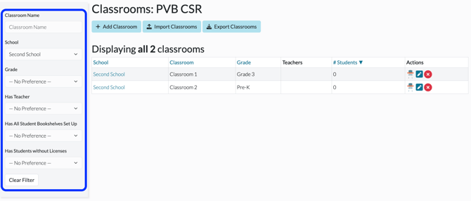 Classroom list filters