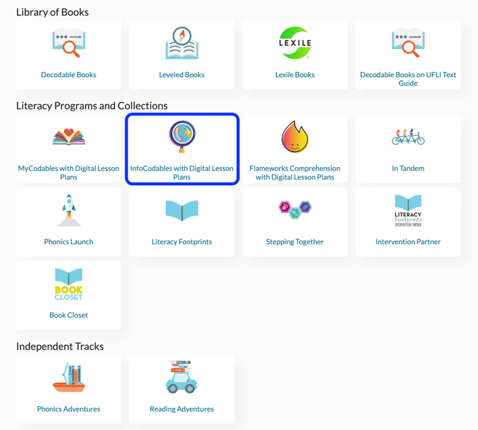 Bookshelf Dashboard featuring tiles for each Library of Books, Literacy Program, Collection, and Independent Track highlighting InfoCodables