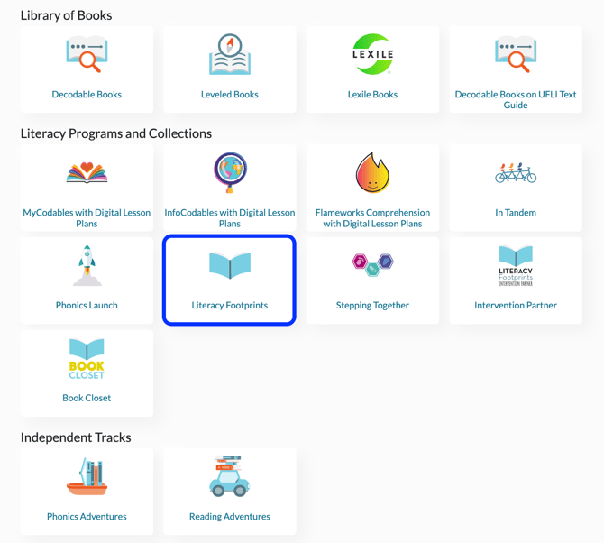 Bookshelf Dashboard featuring tiles for each Library of Books, Literacy Program, Collection, and Independent Track highlighting Literacy Footprints